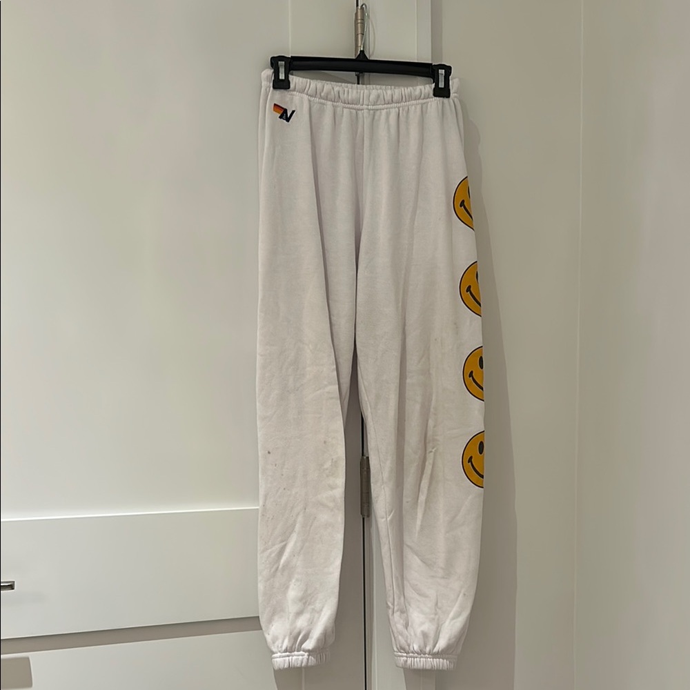 Aviator Nation White Sweatpants with Smiley Face Design
